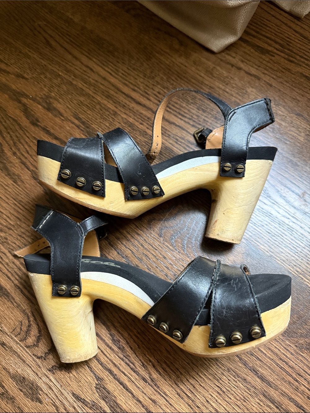 Black Leather Platform Clog Heels with Wood sole.